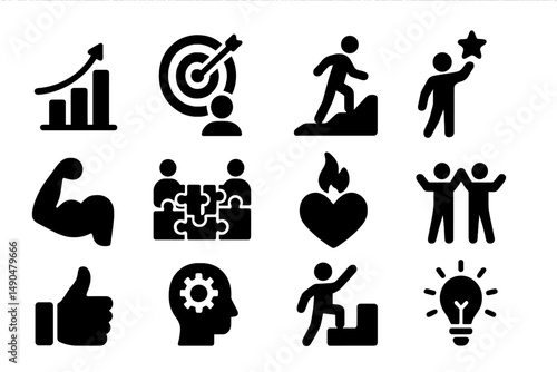 Vector illustration depicting various icons of business success, teamwork, personal growth, and motivation concepts