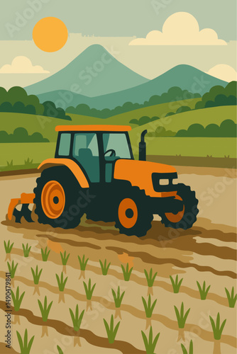 yellow tractor plowing the rice field