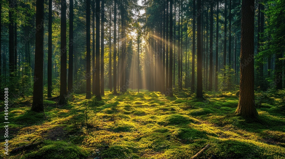 Fototapeta premium Sunbeams Filtering Through a Lush Forest