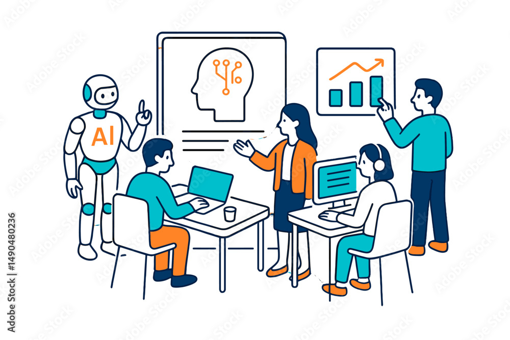 Team collaborating on artificial intelligence concepts with a robot guiding the discussion in a modern workspace Team collaborating on artificial intelligence concepts with a robot guiding the discussion in a modern workspace