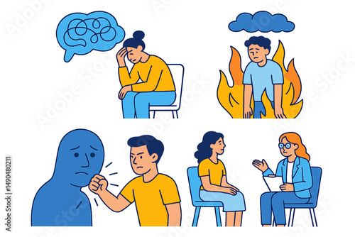Illustration depicting mental health challenges and therapy sessions with diverse individuals in various emotional states