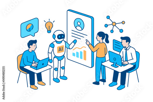 Collaboration between people and robot in a modern workspace focused on artificial intelligence and data analysis