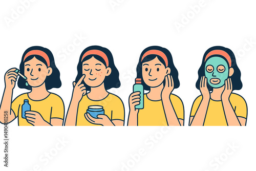 Skincare routine illustrated with vector graphics featuring four steps for healthy skin