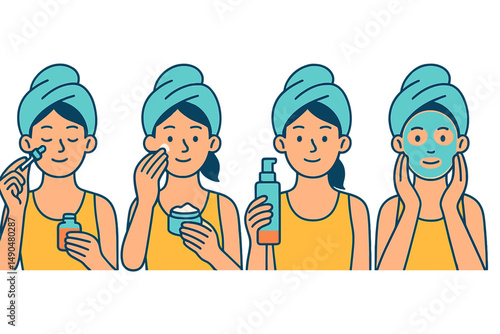 Woman performing a skincare routine with various products, showing progression from application to final results