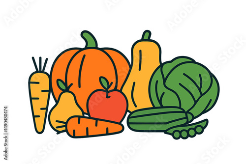 Colorful vector illustration of fresh vegetables including pumpkin, carrot, and zucchini in a bountiful harvest arrangement