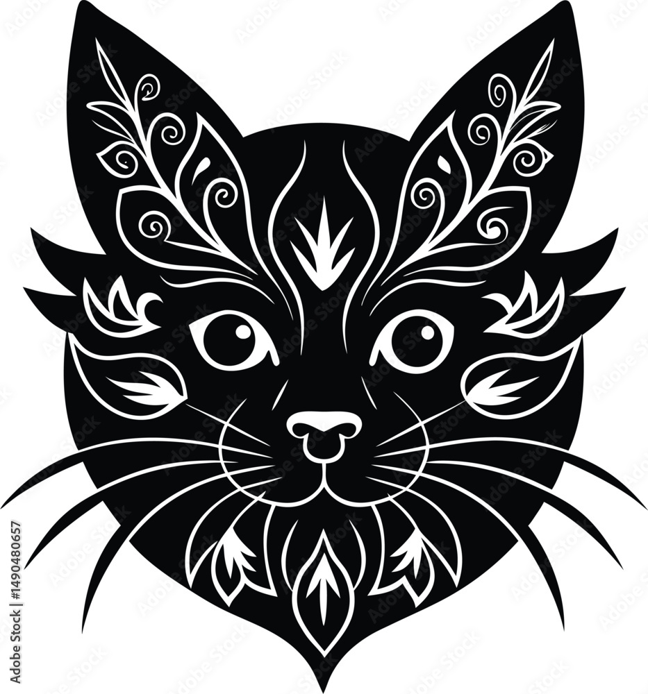 Obraz premium Decorative black cat head silhouette with floral accents elegant vector illustration for design purposes