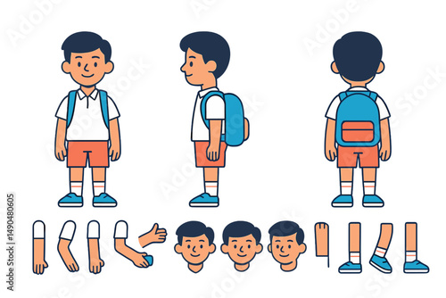 Character design of a young boy with a backpack in vector illustration style showcasing different poses and expressions