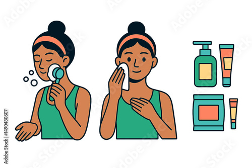 Daily skincare routine with cleansing and moisturizing steps illustrated in a vector graphic format