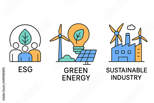 Promoting sustainability through ESG principles, renewable energy, and green industry practices in vector illustration