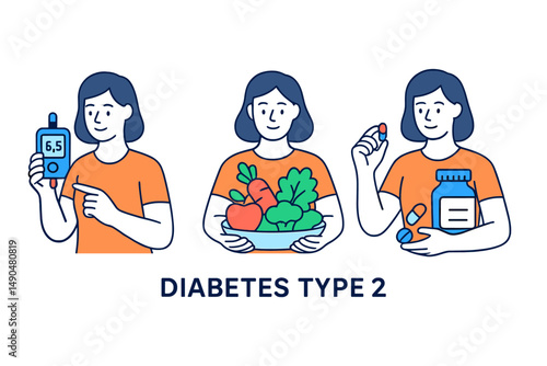 Managing diabetes type 2 with healthy choices and medication in a vector illustration