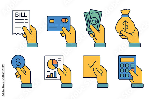 Hands holding various financial items including bills, money, and charts for budget management and expense tracking