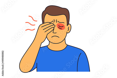 Frustrated man experiencing discomfort with red eye in a simple vector illustration