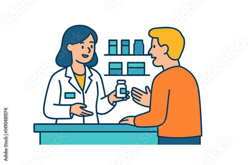 Friendly pharmacist providing medication advice to patient in a pharmacy setting during the day