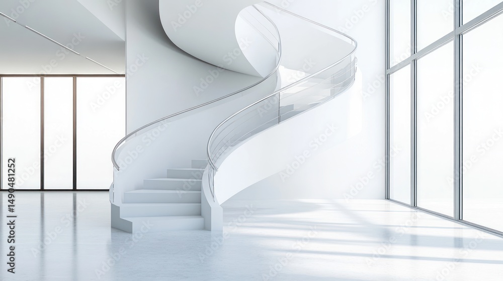 Obraz premium Modern white spiral staircase in a bright, minimalist interior