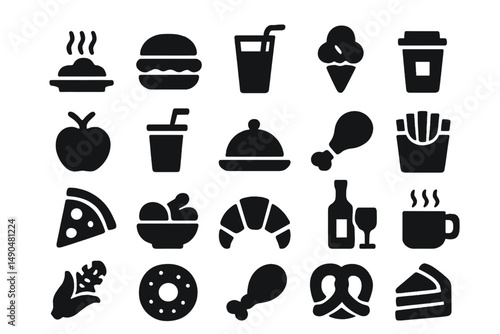 Vector illustration of various food and drink items including desserts, snacks, and beverages in a playful arrangement