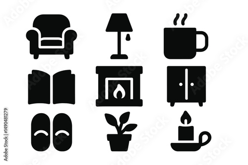 Cozy home essentials vector illustration featuring a comfortable chair, warm fireplace, and relaxing atmosphere