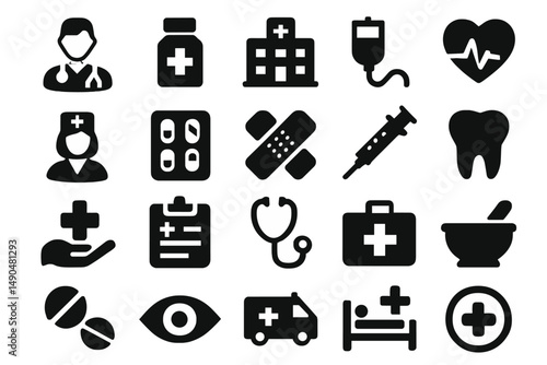 Health care icons representing various medical elements in a cohesive vector illustration for awareness and education