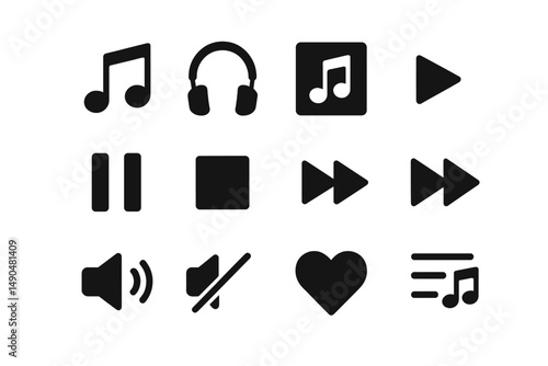 Vector illustration featuring black music icons on a white background illustrating various audio controls and sound symbols