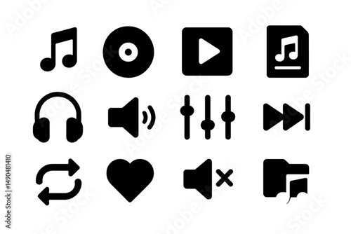 Vector illustration of music-related icons showcasing playback controls, sound elements, and audio symbols for digital media design