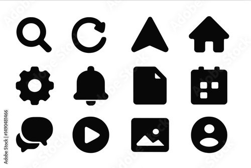Collection of vector icons representing common digital actions and features for user interface applications