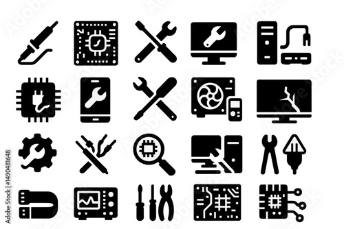 Icon set representing tools and devices for technology repair and maintenance activities in a digital workspace
