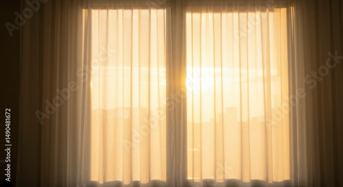 Wallpaper Mural Golden sunrise through sheer curtains Torontodigital.ca