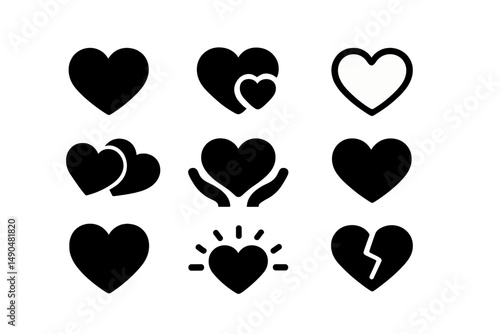 Collection of heart symbols featuring various designs representing love, affection, and relationships