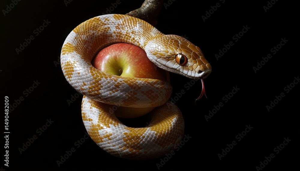 Obraz premium Coiled Serpent Around Red Fruit On Dark Background