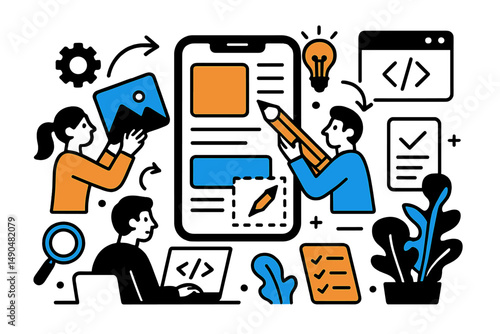 Creative professionals collaborating on digital content development with smartphone and graphic elements