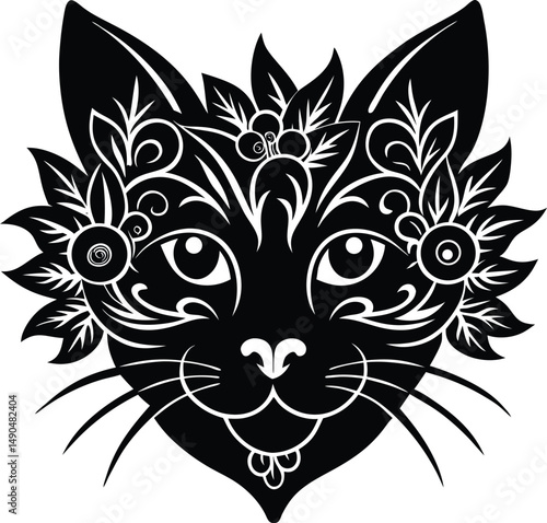 Wallpaper Mural Elegant black cat face with floral ornamentation decorative design isolated on white background Torontodigital.ca