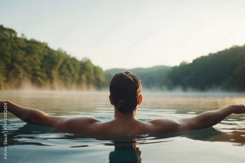 Fototapeta premium Man soaking in lake water experiencing nature serenity and calm
