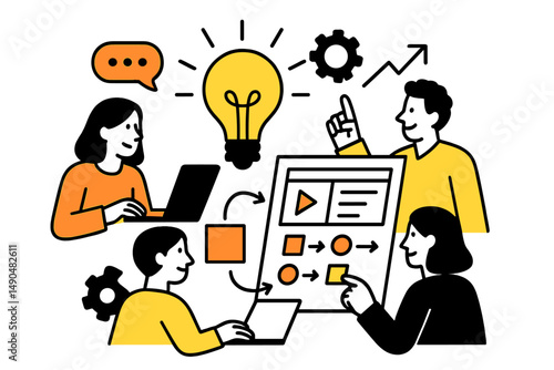 Team collaboration and brainstorming in a modern workspace with laptop, light bulb, and flowchart visuals