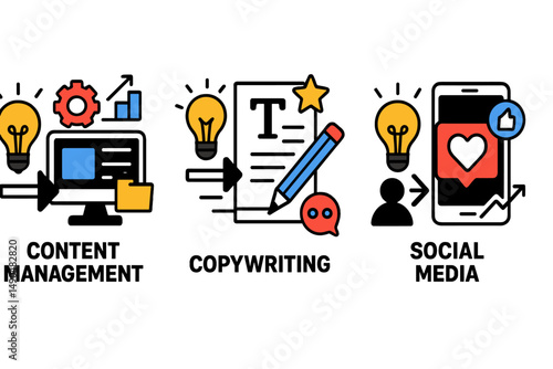 Creative process illustrated through vector graphics for content management, copywriting, and social media marketing strategies