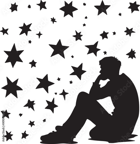 Silhouette of a Pensive Man Sitting Under a Starry Sky: Black and White Vector Illustration of Contemplation and Dreamy Night Scene