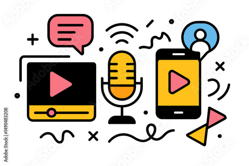 Creative vector illustration showing podcasting and streaming content with microphone, smartphone, and multimedia elements