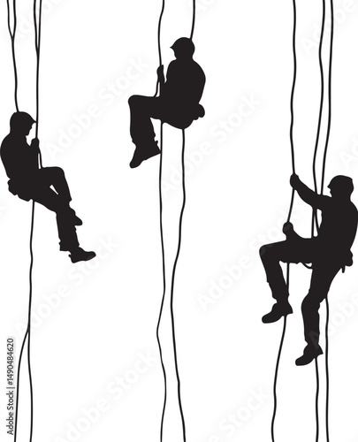 Silhouette Illustration of Rock Climbers Rappelling Down Ropes: Outdoor Adventure, Extreme Sport, Vector Graphic, Climbing Activity