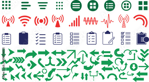 Arrow icon, checklist symbol, signal icon, and UI element set for mobile, web, and infographics. vector symbols perfect for interfaces, data visualization, and graphic design projects