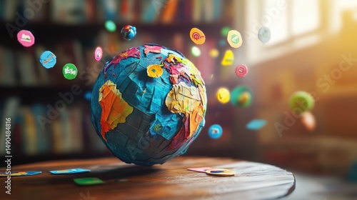 Colorful Paper Mache Globe with Floating Icons, Global Connection Concept