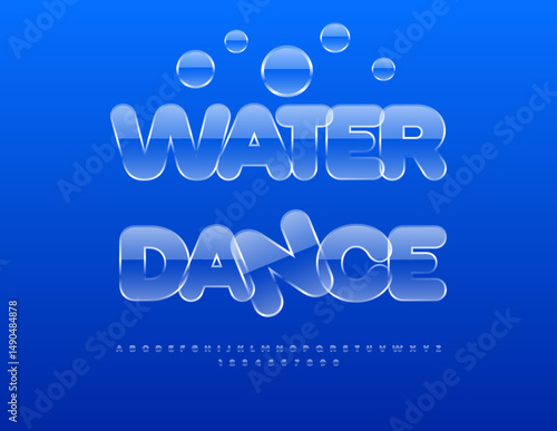 Vector Holiday flyer Water Dance. Clear Shiny Font. Glossy Crystal Alphabet Letters and Numbers set
