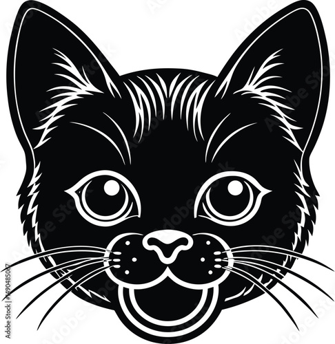 Simple black and white cat face illustration with whiskers and open mouth for design purposes