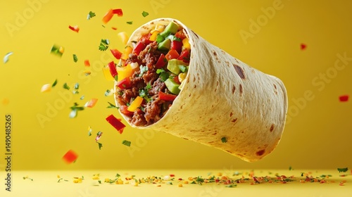 Delicious Burrito with Flying Vegetables, Yellow Background