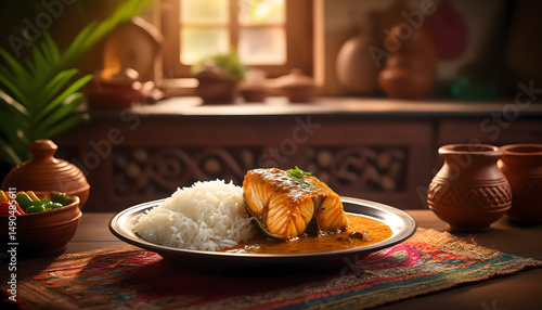 Kolkata style fish curry with steamed rice in a Bengali kitchen