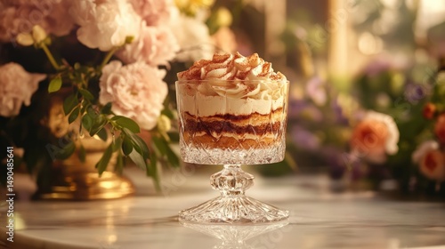 Delicious Tiramisu Dessert in Elegant Crystal Glass, Close-up