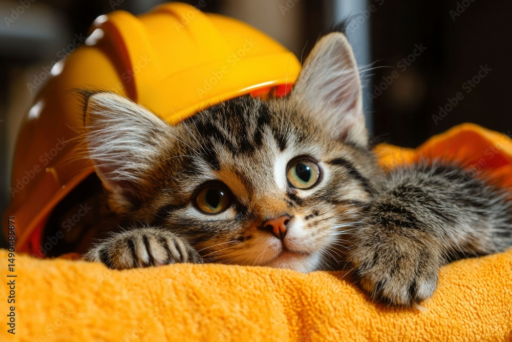 Naklejka premium Kitten wearing a hard hat