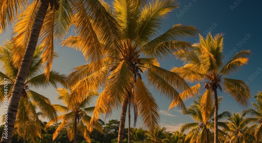 Fototapeta premium Golden Palm Trees at Sunset Tropical Beach