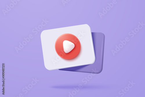 3d social media play video in background. Red round play button for start multimedia with colorful concept of video, audio playback. 3d media player button icon rendering vector illustration