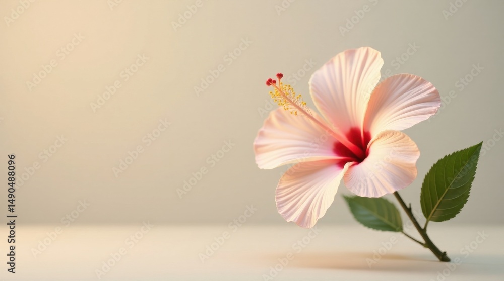 Obraz premium A Delicate Pink Hibiscus Flower with Soft Lighting and a Gentle Curve on a Light Background
