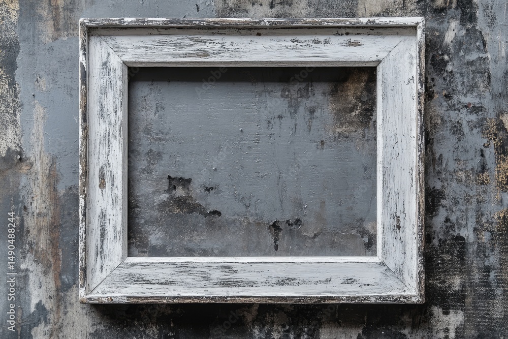 Naklejka premium Weathered white wood picture frame against a distressed gray wall, showing texture and age. The frame is rectangular and sits centrally