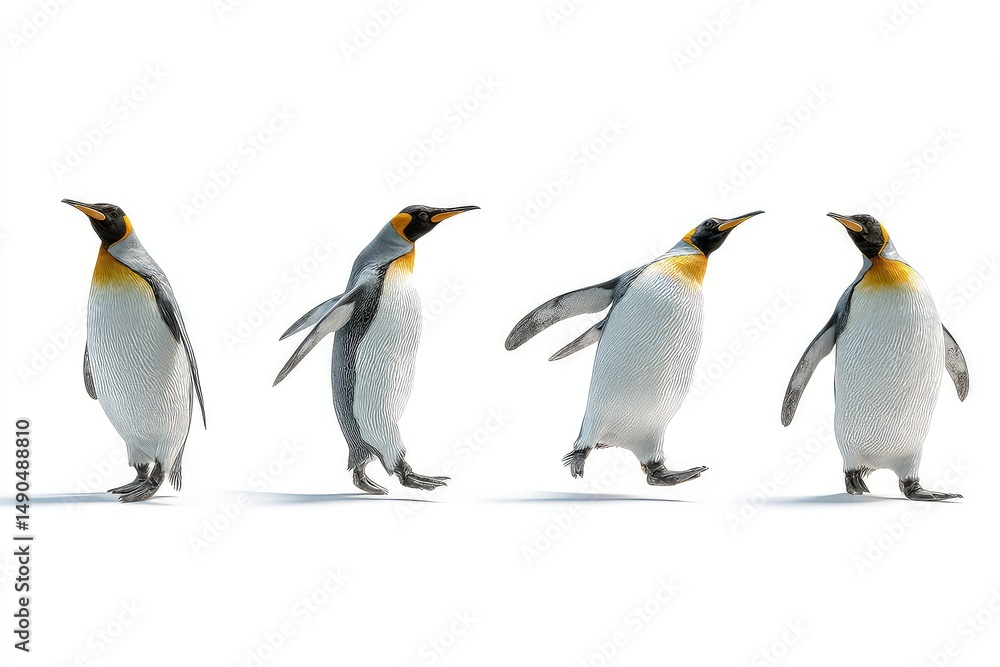 Fototapeta premium Standing penguins in two rows showcasing unique colors and patterns high-resolution wildlife portrait of black and white birds with orange markings isolated on white background