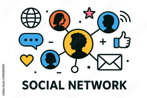 Creative vector illustration depicting social network concepts with diverse user profiles and communication elements